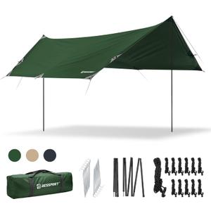 Bessport Camping Tarp, 16×9.8FT with 2 Poles, Lightweight Car Awning Sunshade, Portable Multifunctional Backpacking, PU 3000mm Waterproof Rain Fly Hammock Tarp for Outdoor,Traveling, Hilking