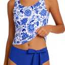 Girls Tankini Swimsuit 2 Piece Bathing Suit U Neck Swim Tank Top Tropical Print Swimwear 13-14Y