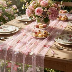 Remagr 9.8 ft Pink Butterfly Table Runner Embroidery Seasonal Table Decorations Tulle Fabric for Home Indoor Decor, Bridal Shower Wedding, Baby Shower Parties, Holiday DIY Craft Kitchen Decor
