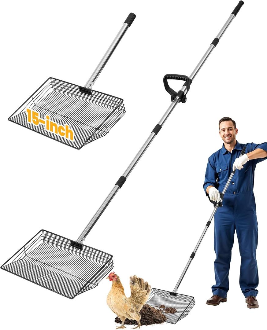 15" Extra Large Chicken Poop Scooper with Ergonomic Grip, Adjustable Length (24.6"76.6"), Metal Sifting Shovel with Holes for Chicken Coop Cleaning, Multifunctional Chicken Manure Scoop