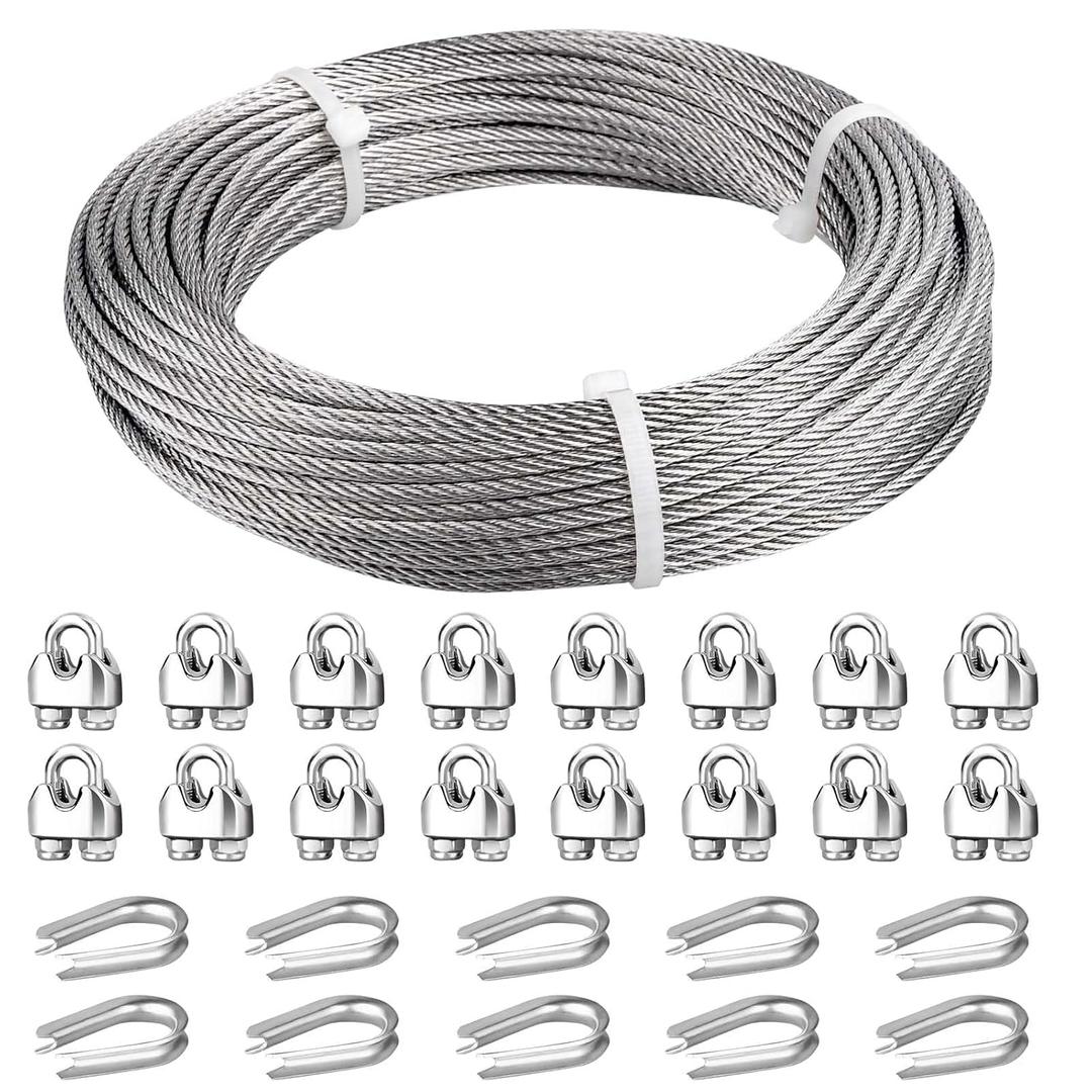 3/16 Wire Rope, 100ft Stainless Steel Cable with Wire Rope Clamps & Thimble, 3700lbs Breaking Strength, 7X19 Strands Aircraft Cable for Zipline, Deck Railing, Clothesline