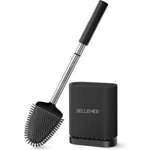 Sellemer Toilet Brush and Holder Set - Flexible Toilet Bowl Brush Head with Silicone Bristles, Compact Size for Storage and Organization, Ventilation Slots Base (1 Pack, Black)