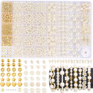 1860pcs Pearl Beads for Jewelry Making, 5 Sizes Round Pearls Bracelet Making Kit, Pearl Beads with Gold Spacer Beads Letter Star Heart Bow Beads for Necklaces Earrings DIY Crafts
