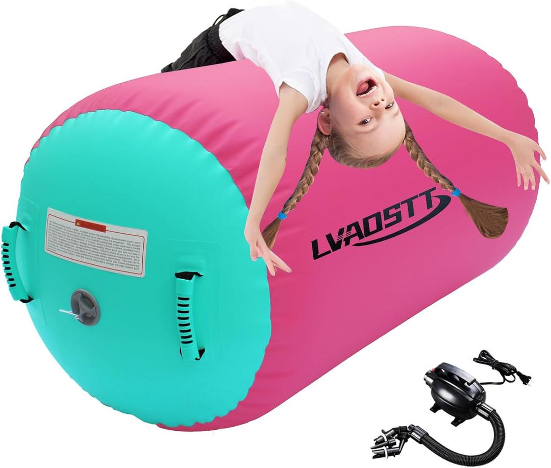 Gymnastics Air Barrel Roller Air Spot, Inflatable Tumbling Mat Tumble Track Gymnastic Equipment Balance Cylinder with Pump for Yoga Cheerleading Home Use Gym (39.37inch*23.6inch, Pink+Green)