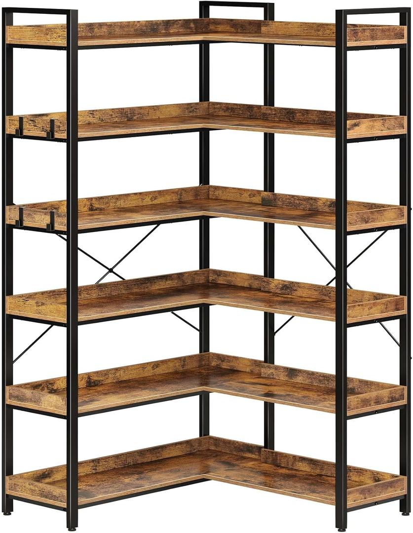 Rolanstar Bookshelf 6 Tier with 4 Hooks, Reversible Corner Bookshelf, 69" Industrial Wooden Bookcase with Open Shelves and Metal Frame for Living Room, Bedroom, Home Office, Rustic Brown