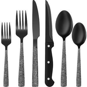 Black Hammered Silverware Set, 24-Piece Stainless Steel Square Flatware Set with Steak Knives for 4, Food-Grade Tableware Cutlery/Utensil Sets for Home Restaurant, Mirror Finish, Dishwasher Safe