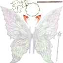 Fairy Wings for Adults and GirlsFairy Costume Set with Floral Garland, Fairy Hair Tinsel, Wand & Elf Ears  29"x21" Organza Butterfly Wings  Ideal for Cosplay, Party, Silver