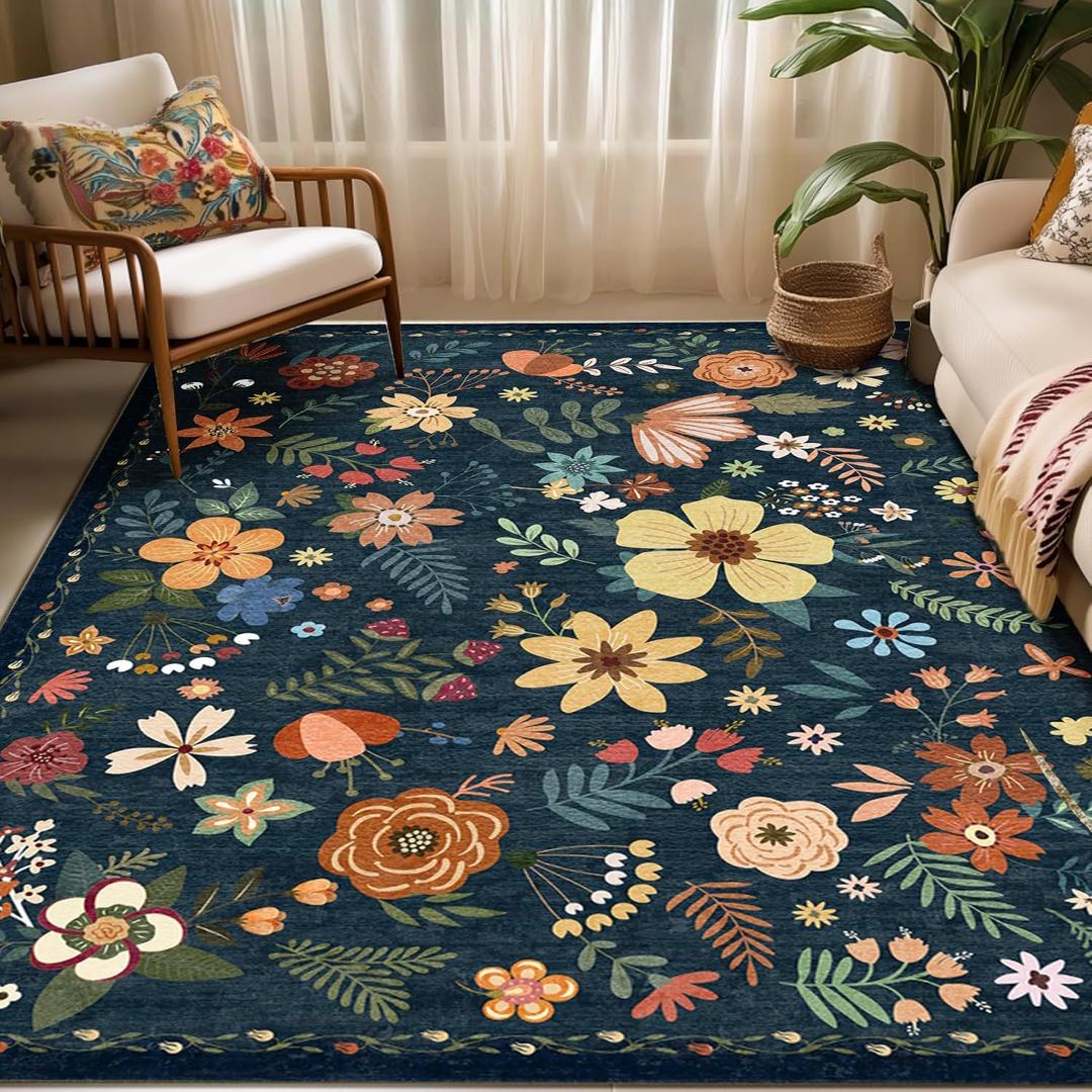 Washable Area Rugs, Floral Rug, Large Carpet for Living Room Bedroom,8'x 10',Blue