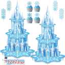 Happynow 2Sets Winter Party Cupcake Stand Decorations, with 24pcs Cupcakes Toppers - 3-Tier Blue Snowflake Cake Tower for Birthday Supplies, Cardboard Dessert Holder