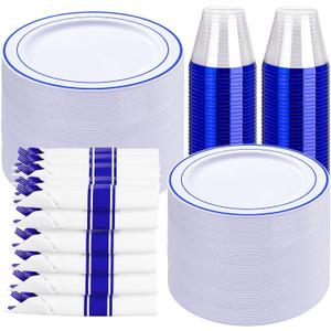 WELLIFE 350 Pcs Blue Plastic Plates for 50 Guests - Plastic Dinnerware Set,Party Supplies Includes 100 blue plates,150 Silverware,50 Napkins,50 Cups,Blue and White Plates