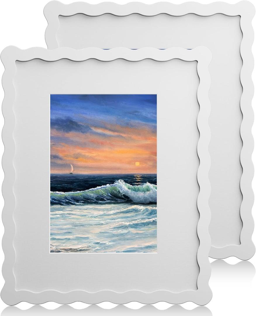 8X10 Wavy Picture Frame With Mat For 5x7, Wavy Edge Wooden Picture Frame with Real Glass - Wall Mount and Tabletop Display, White, 2 Pack