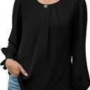 Funlingo Womens Tops Dressy Casual Smocked Long Sleeve Shirts Crew Neck Loose Chiffon Tunics Office Work Blouses, XL