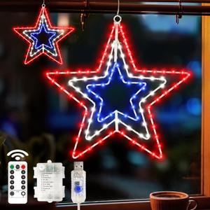 2 Pack 4th of July Decorations Patriotic Window Lights, 220 Led Red White and Blue Iron Frame Star Lights, Battery Powered Silhouette Light with 8 Modes Timer Remote for Memorial Day Home Decor