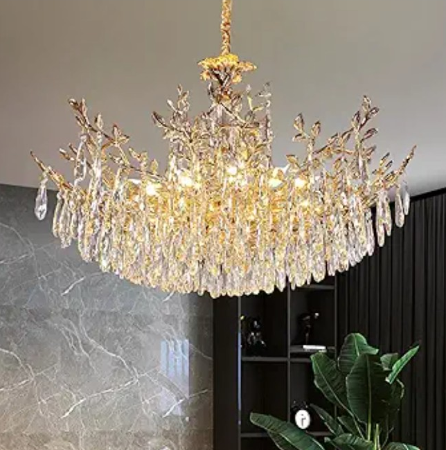 ziidoo Modern Lights Gold Crystal Chandelier 33.5 inch LED 12 Lamps Tree Branch Raindrop Hanging Pendant Ceiling Light Fixture Chandeliers for Living, Dining Room, Kitchen Island, Bedroom