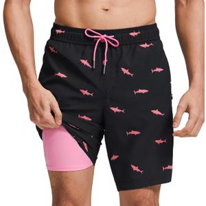 maamgic Mens Swim Trunks with Compression Liner 9 Inch Stretch Quick Dry Swim Shorts with Zipper Pockets Swimwear Black-Pink Shark 3X-Large