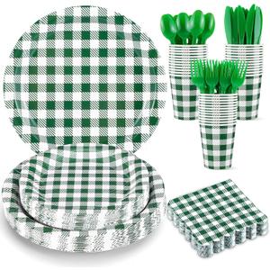 NatNarr 175 Pcs Gingham Party Supplies Include Green Gingham Plates and Napkins Cups Plastic Cutlery Disposable Green Checkered Plates Set for St Patricks Day, Picnic, Baby Shower, Golf Party