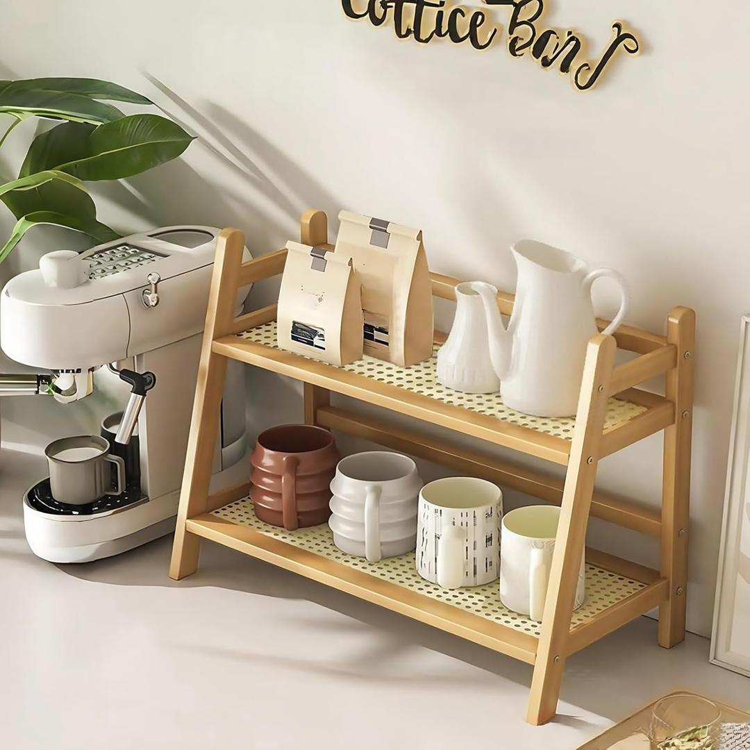 Coffee Station Organizer, Bamboo Mug Holder Countertop, Kitchen Counter Shelf for Tea Coffee Bar Accessories, Matcha Stand, Cup Display, Condiment Storage Rack, Patent pending, 15.2 In