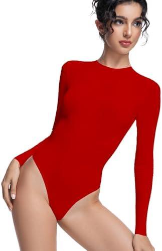 Bolsamila Womens Long Sleeve Bodysuit Round Neck Lightweight Stretchy Basic Shirts Body Suits for Women Tops Red M