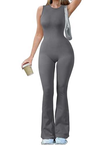 OQQ Women Yoga Jumpsuits Ribbed Crew Neck Sleeveless Bell Bottoms Flare Jumpsuits Darkgrey, Medium