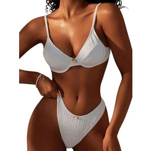 MakeMeChic Women's 2 Piece Bikini Sets Push Up Swimsuit Cheeky High Cut Bathing Suit Swimwear White Medium, Size M