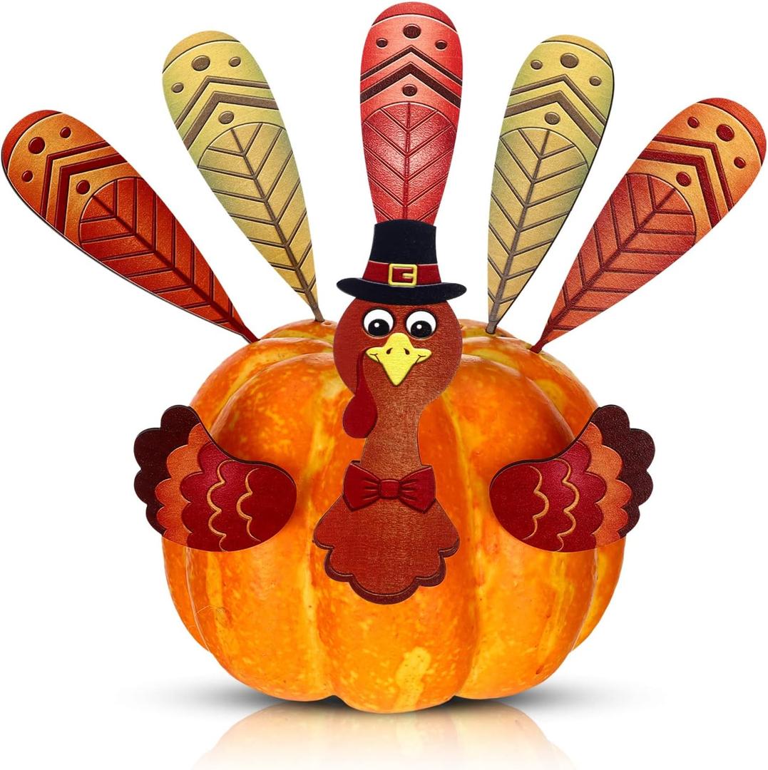 Karenhi Set of 8 Thanksgiving Wooden Pumpkin Turkey Making Kit Autumn Harvest Colorful Turkey Parts for Pumpkin Poke in DIY Decoration Home Outdoor Indoor Decor Gift
