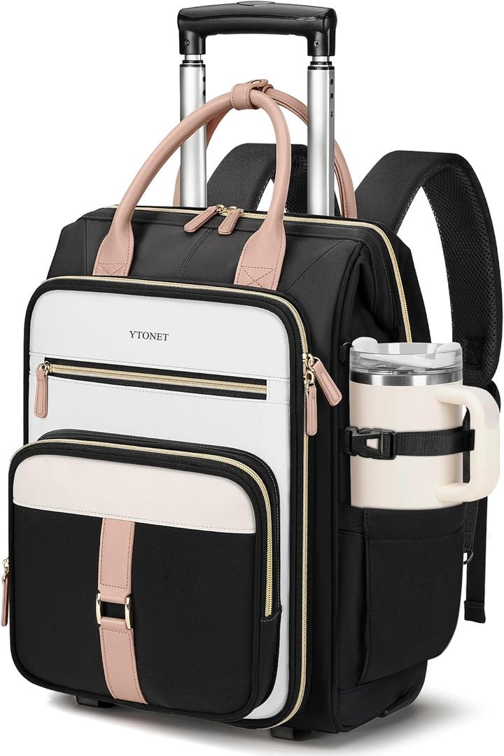 Ytonet Rolling Backpack for Women,15.6 Inch Travel Backpack with Wheels, Stylish Rolling Laptop Bag with Passport Holder, Dual-Opening Design, Underseat Carry on Luggage for Work College Teacher