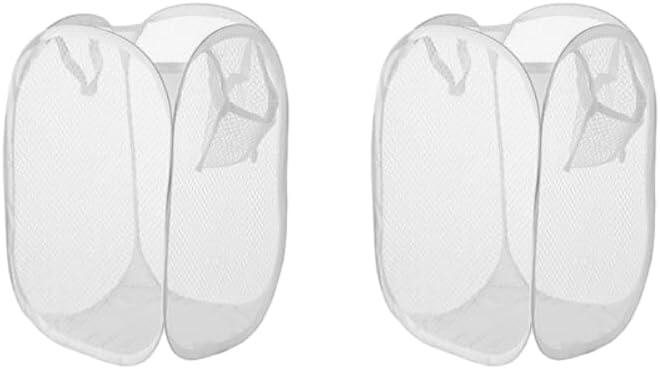 Foldable Laundry Basket with Handles, Collapsible Mesh Hamper for Dirty Clothes, Large Storage Organizer with Side Pockets, Breathable & Space-Saving (2-Pack, White Small)