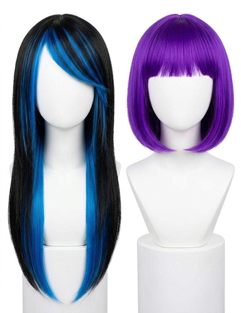 Baruisi Long Blue Black Wig Silky Straight Synthetic Heat Resistant Side Bangs Halloween Costume Hair And 
Purple Bob Wig with Heart Sunglasses - Heat-Resistant, Synthetic Fiber, Adjustable and Natural Looking