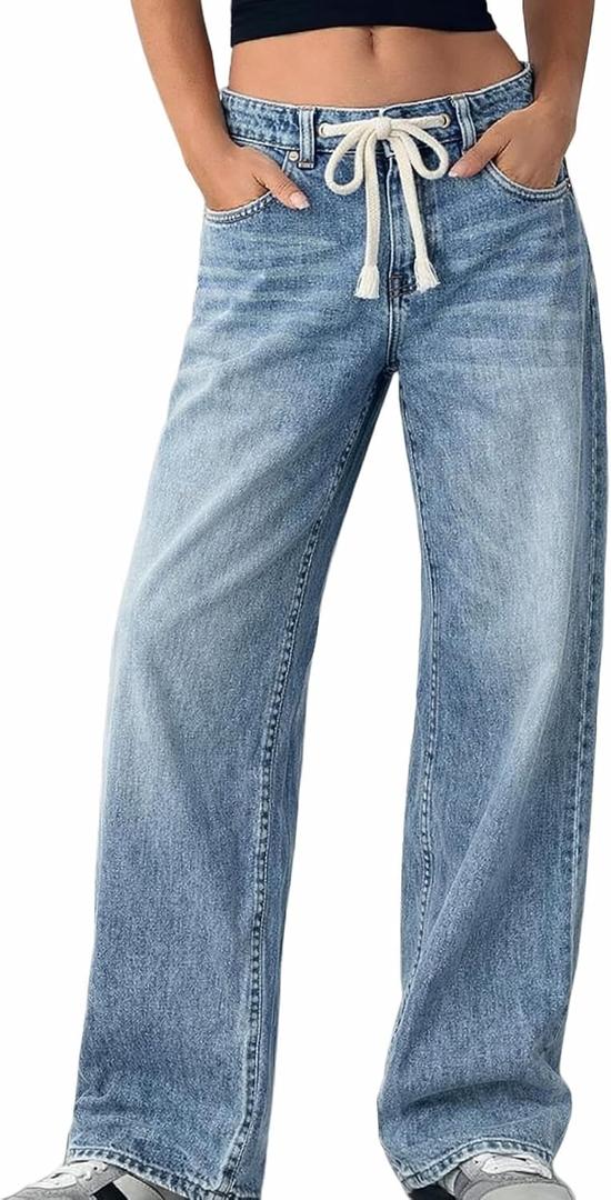 ELLEVEN Womens Low Rise Baggy Jeans, Casual Drawstring Wide Leg Denim Pants with Pockets (Blue)
