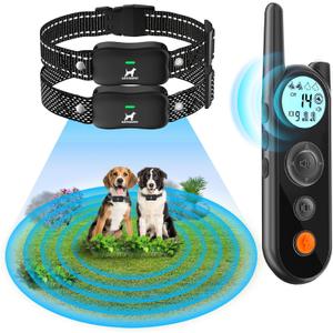 Wireless Dog Fence System for 2 Dogs, Electric Fence with 6100FT Remote Control, Adjustable Distance 25-3500FT, 185 Day Standby, 2 Waterproof Collars for All Pets