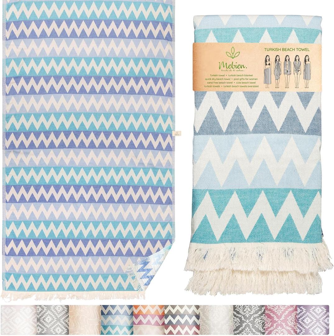 Premium Turkish Beach Towel 100% Cotton, Quick Dry, Sand Free, Oversized Beach Towel 35x 67 Ideal for Travel, Pool, and Beach, Zig Zag Blue
