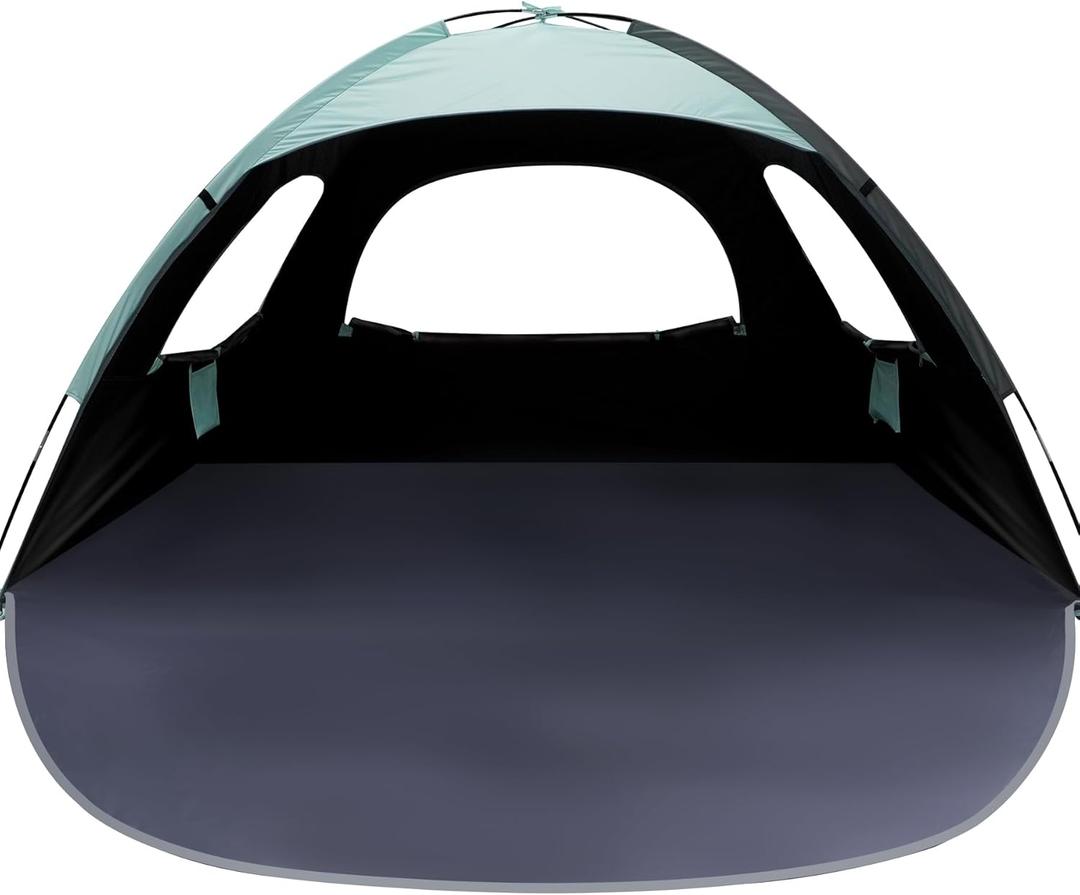 WhiteFang Beach Tent Anti-UV Portable Sun Shade Shelter for 3/4/6/8 Person, Extendable Floor with 3 Ventilating Mesh Windows Plus Carrying Bag, Stakes and Guy Lines (4 Person, Blackout Shelter-Mint Green)