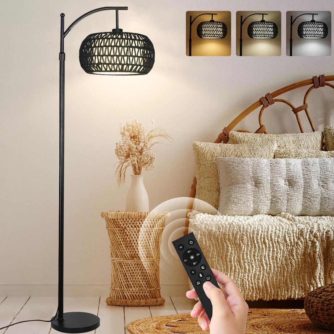 Arc Floor Lamp with 3 Color Temperatures,Black Floor Lamp with Remote Control, Boho Standing Lamp with Rattan Wicker Shades, Farmhouse Tall Pole Lamp for Living Room Bedroom (12.2 inch)