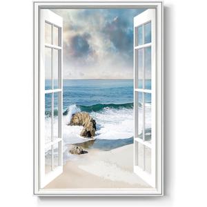 Framed Window Beach Scene Wall Art, Nature Blue Coastal Seascape Vertical Canvas Painting Prints, Relaxing Landscape Picture Artworks for Living Room Dining Room Hallway Office Wall Decor, 24x36 Inch