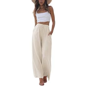 Faleave Women's Cotton Linen Summer Palazzo Pants Flowy Wide Leg Beach Trousers with Pockets XL