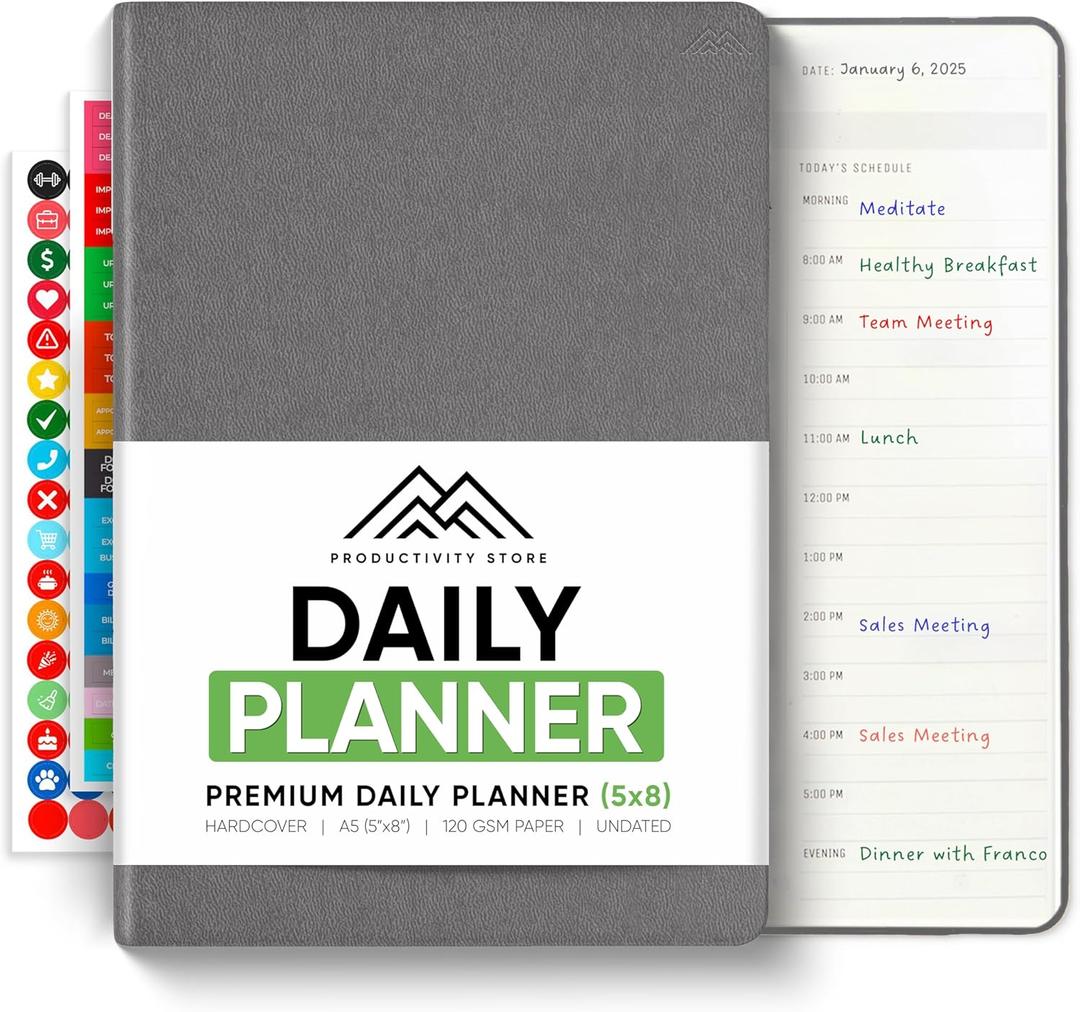 Daily Planner 2026 (5" x 8") - The Ultimate Daily Workflow Planner with Hourly Schedule & Task List to Achieve Your Goals by PRODUCTIVITY STORE (A5, Grey)