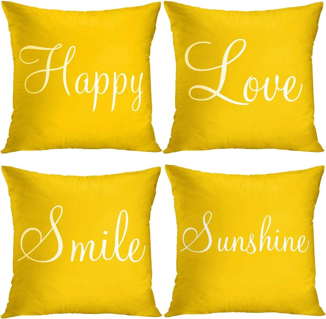 Britimes Yellow Set of 4 Throw Pillow Covers Furry Home Decor Pillow Cases Decorative 18X18 Inches Outdoor Cushion Couch Sofa Cojines Pillowcases Sunshine Happy Love Smile