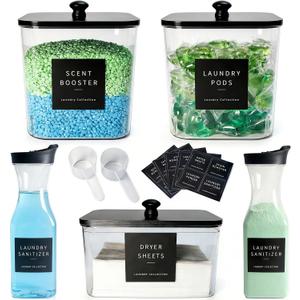 3+2 Pack Laundry Pods Containers & Dryer Sheet Holder & Laundry Detergent Dispenser, Laundry Room Organization and Storage Jars with Lids, Labels and Scoops for Scent Booster, Powder, Pods