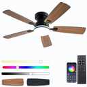 Ayaoty Ceiling Fans with Lights, 48 inch Low Profile Ceiling Fan with Light and Remote Control, Flush Mount RGB Dimmable Light, Noiseless, Brown Ceiling Fan for Bedroom Indoor/Outdoor Use