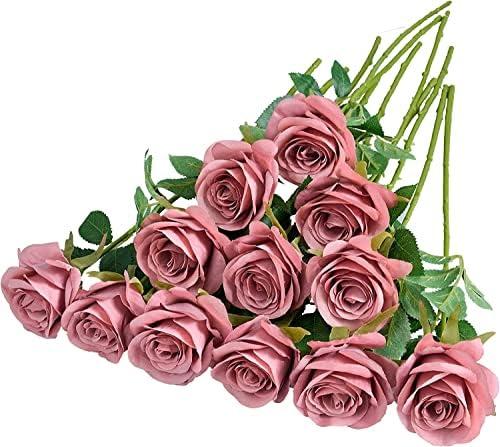 Helera 12pcs Roses Artificial Flowers Fake Roses Dusty Rose Pink Silk Roses Silk Flowers Rose with Long Stems for Wedding Home Party Centerpieces Decorations