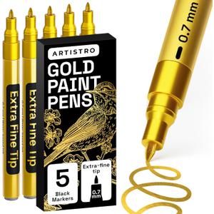 ARTISTRO 5 Gold Paint Pen for Rock, Glass, Ceramic, Wood, Tire, Fabric, Metal, Canvas, Marking, Painting - Set of 5 Acrylic Paint Markers Water-based