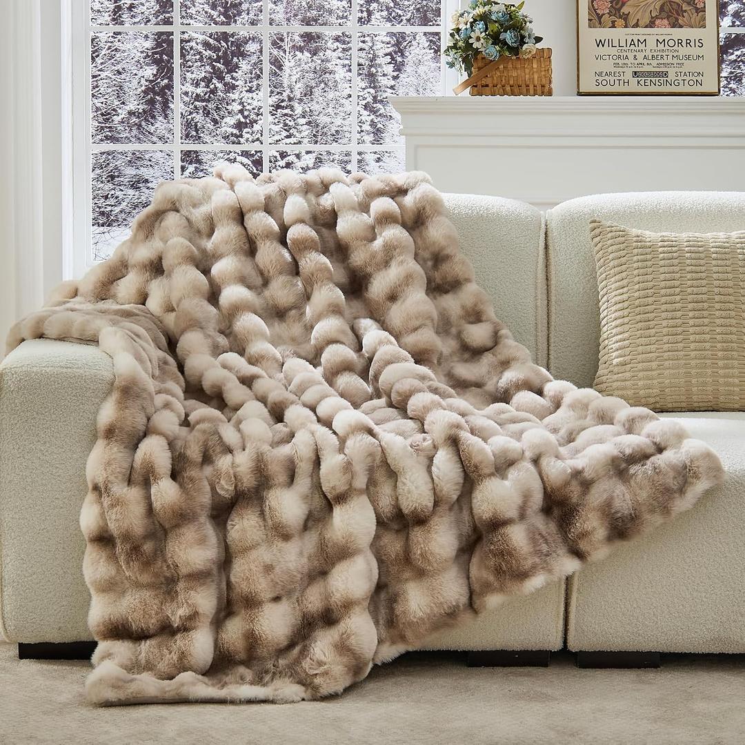 Faux Fur Throw Blanket 50x60 Inches, 800GSM Soft Plush Thick Bubble Blanket for Couch and Bed, Fuzzy Soft Tie-Dye Brown Faux Rabbit Fur Blanket for Sofa Living Room Bedroom