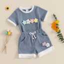 Afunbaby Toddler Baby Girl Clothes Waffle Knit Embroidered Short Sleeve Shirt Shorts Cute Boho Summer Outfit Clothing Set (Blue)