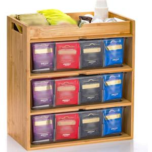 3 Tier Bamboo Tea Bag Storage Organizer, 14" x 11" x 6.5" Vertical Tea Packet Rack with Drawer, Store Over 180 Tea Bags Wood Tea Station with Acrylic Partition for Countertop Office Kitchen