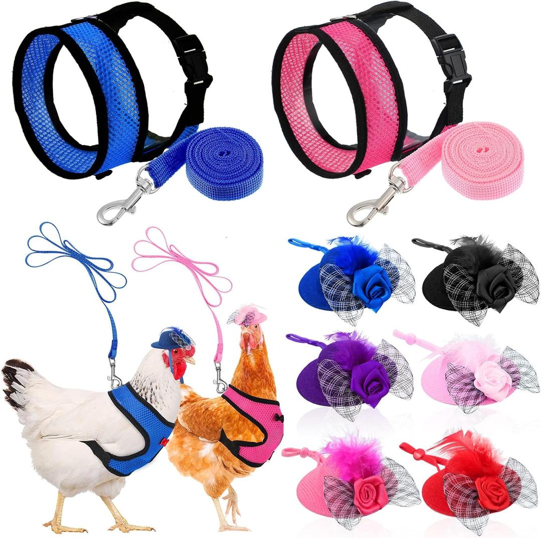 Cindeer 8 Pieces Chicken Harness and Leash for Hens Chicken Hat Adjustable Duck Harness and Leash Hat with Elastic Chin Strap for Hens Duck Goose Parrot Small Pets Accessories
