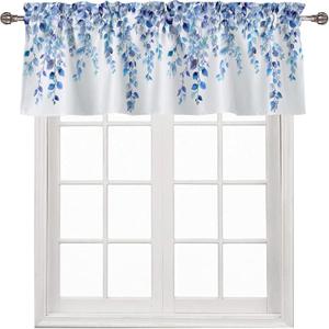 Valances for Windows Rod Pocket Curtain Blue 42 x 12 inch | Eucalyptus Leaf Print Rod Pocket Light Filtering Window Treatments Valance for Kitchen Bathroom Laundry Living Room