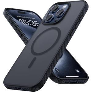 2 x Lamicall Magnetic Case for iPhone 15 Pro Max, for Magsafe - [Diamond Textured Anti-Slip Edge] [Military Grade Shockproof Protection] Translucent Hard Slim Magnet Protective Cover (Black)