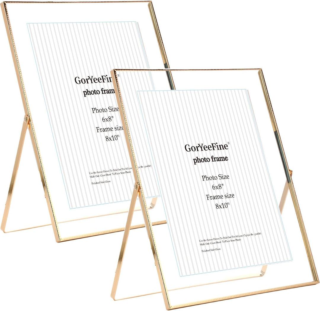 Gold 8x10'' Floating Frame Set of 2,For Photo Sizes( 5x7'',6x8'',7x9''),Beautiful Metal Beaded Edge Frames Adjustable Tabletop/Shelf Photo Frame,Classy Gift Choice for Wedding, 8x10''For 7x9''2PK