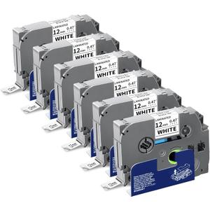 6-Pack TZe-231 Label Tape TZ Tape 12mm 0.47 Laminted White Compatible for Brother Ptouch Label Maker Tape TZe231 TZe-2312pk TZ-231 Refills for P Touch PT-D210 PTD220 H110 D610BT D400, 1/2" x 26.2 ft