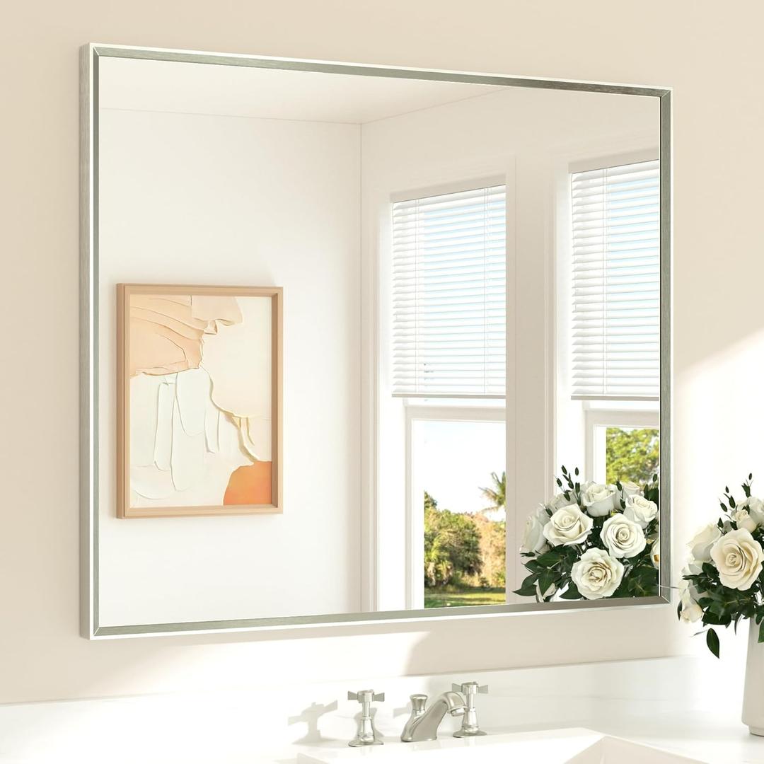 TETOTE Bathroom Mirror for Over Sink Brushed Nickel Beveled Frame 42" x 36" Rectangle Bathroom Vanity Wall Mirror, Tempered Glass, Stronger Frame, Modern Farmhouse Bedroom, Entryway, Living Room